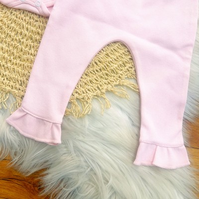 CONJ. DE MALHA 3 PEÇAS - Passarinho com Flores Bordadas - Rosa Bebê
